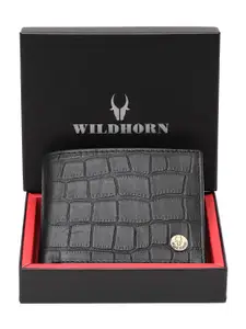 WildHorn Men Black Crocodile Skin Textured RFID Protected Genuine Leather Two Fold Wallet