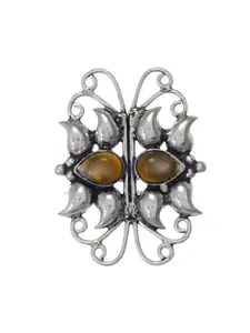 Silvermerc Designs Silver-Plated & Brown Stone-Studded Oxidised Adjustable Finger Ring