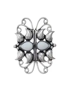 Silvermerc Designs Silver-Plated & White Stone-Studded Oxidised Adjustable Finger Ring