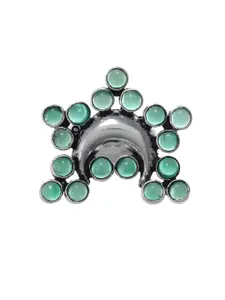 Silvermerc Designs Silver-Toned & Green Stone-Studded Oxidised Silver Finger Ring