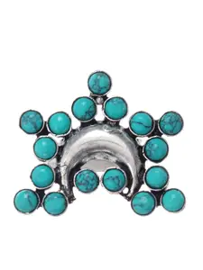 Silvermerc Designs Silver-Plated & Blue Stone-Studded Oxidised Silver Finger Ring