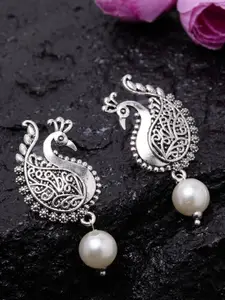 PANASH Silver-Plated Peacock Shaped Drop Earrings