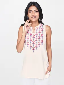 Global Desi Women Off-White & Pink Floral Embroidered A-Line Pure Cotton Top