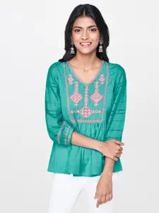 Global Desi Women Turquoise Blue Embroidered Top