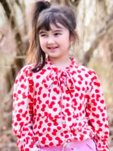 Cherry Crumble Girls Peach-Coloured & Red Conversational Printed A-Line Pure Cotton Top