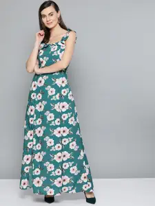 Harpa Women Teal Green & Off-White Floral Printed A-Line Dress