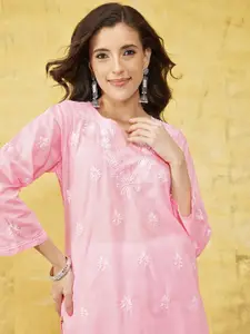 ADA Women Pink & White Chikankari Embroidered Straight Sustainable Handloom Kurta