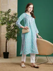 ADA Women Blue & Pink Chikankari Embroidered Straight Sustainable Kurta