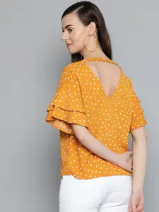 Harpa Women Mustard Yellow & White Polka Dot Print Styled Back Top