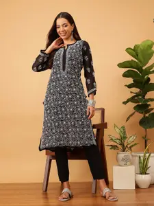 ADA Women Black & White Chikankari Hand Embroidered Semi-Sheer Straight  Handloom Kurta
