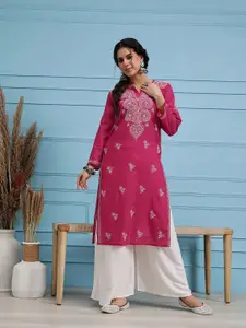ADA Women Pink & White Chikankari Hand Embroidered Semi Sheer Straight  Handloom Kurta