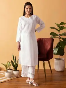 ADA Women White Chikankari Embroidered Straight Sustainable Kurta