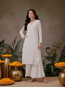 ADA Women White Chikankari Hand Embroidered Sheer Straight  Handloom Kurta with Inner