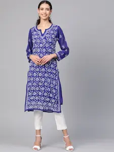 ADA Women Blue & White Chikankari Hand Embroidered Semi-Sheer Straight Sustainable Kurta With Slip