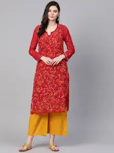 ADA Women Rust Red & Mustard Yellow Chikankari Hand Embroidered Sheer  Handloom Kurta with Inner