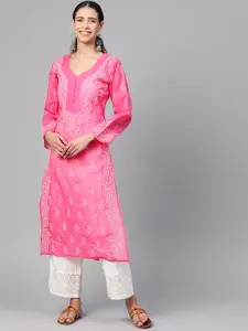 ADA Women Pink & White Chikankari Embroidered Straight Sustainable Handloom Kurta