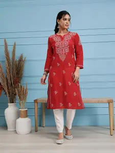 ADA Women Red & White Hand Embroidered Lucknowi Chikankari Straight  Handloom Kurta