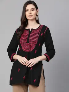 ADA Women Black & Pink Chikankari Hand Embroidered Pure Cotton Straight  Handloom Kurti