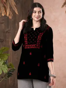 ADA Women Black & Red Chikankari Hand Embroidered Pure Cotton Straight Sustainable Handloom Kurti
