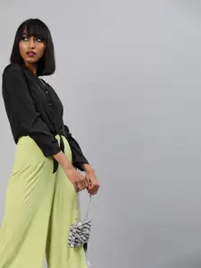 Sera Black Solid Cropped Shirt Style Top With Waist Tie-Ups