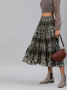 Sera Black & Beige Leopard Print Tiered Midi Skirt