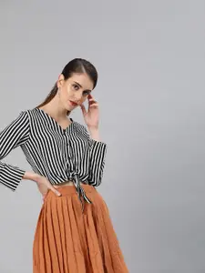 Sera Black & White Striped Front Knot Crop Top