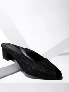 Marc Loire Women Black Self-Striped Shimmer Peep Toe Block Heels
