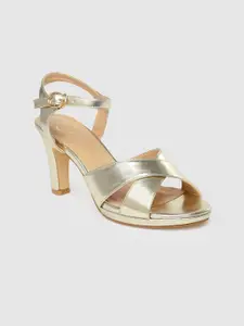 CERIZ Women Gold-Toned Solid Open Toe Heels