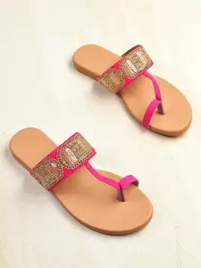 Street Style Store Women Pink & Gold-Toned Embellished One Toe Flats