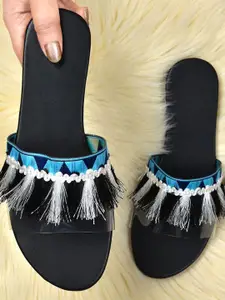 Street Style Store Women Blue & White Woven Design & Tasselled Open Toe Flats