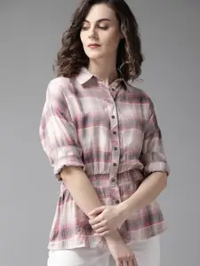 Roadster Women Pink & Off-White Smocked Checked Casual Shirt