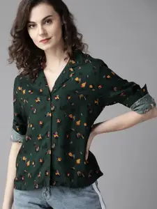 Roadster Women Green & Mustard Yellow Abstract Printed Casual Shirt With Cuban Collar