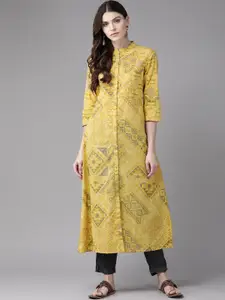 Indo Era Women Mustard Yellow & Grey Foil Print A-Line Kurta