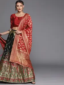 Mitera Black & Red Woven Design Semi-Stitched Lehenga & Unstitched Blouse with Dupatta