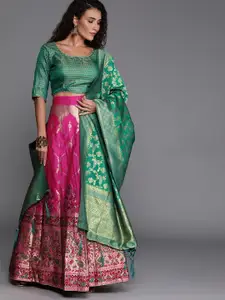 Mitera Pink & Gold-Toned Woven Design Semi-Stitched Lehenga Choli