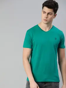 Urbano Fashion Men Teal Green Slim Fit Solid V-Neck Pure Cotton T-shirt