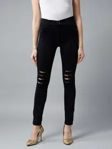 DOLCE CRUDO Women Black Slim Fit High-Rise Mildly Distressed Stretchable Jeans