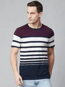 Roadster Men White & Navy Blue Striped T-Shirt