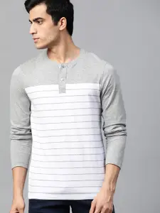 Roadster Men White & Grey Melange Striped Henley Neck T-shirt