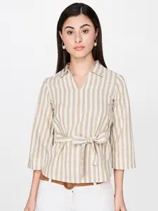AND Women Beige & White Striped Linen Top