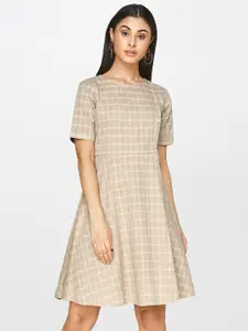 AND Women Beige & White Checked Fit and Flare Dress With Button Detail