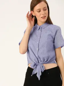 AND Women Blue Striped Tie-Up Hem Shirt Style Top