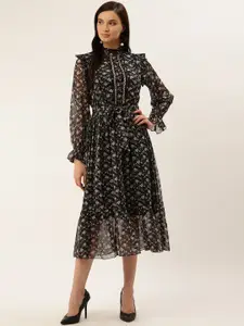 Antheaa Women Navy Blue & Off-White Printed Victorian Style A-Line Dress