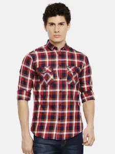 The Indian Garage Co Men Red & Navy Blue Slim Fit Checked Casual Shirt