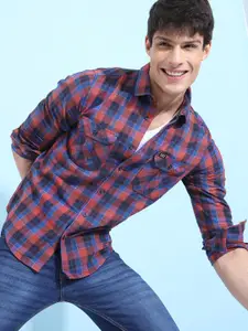 The Indian Garage Co Men Rust Brown & Navy Blue Slim Fit Checked Casual Shirt
