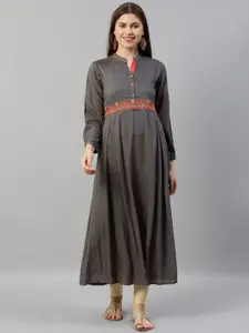 Neerus Women Grey Solid A-Line Kurta with Embroidery