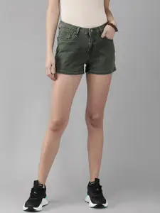 Roadster Women Olive Green Solid Regular Fit Denim Shorts