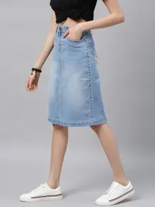 Roadster Women Blue Solid Light Fade Denim Skirt