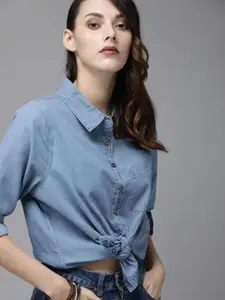 Roadster Women Blue Regular Fit Solid Chambray Casual Shirt