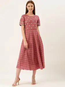 AND Women Pink & Sea Green Printed Fit and Flare Dress with Waist Tie-Up Detail